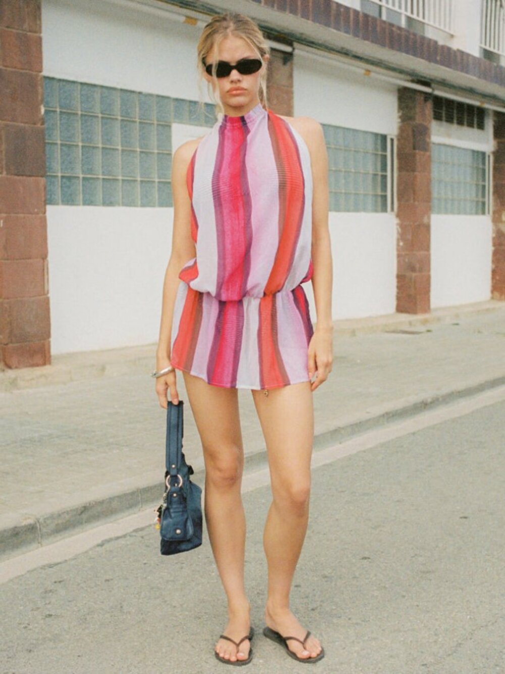 Veloria Halterneck Mini Dress in Pink Sheer Chiffon Painted Stripe